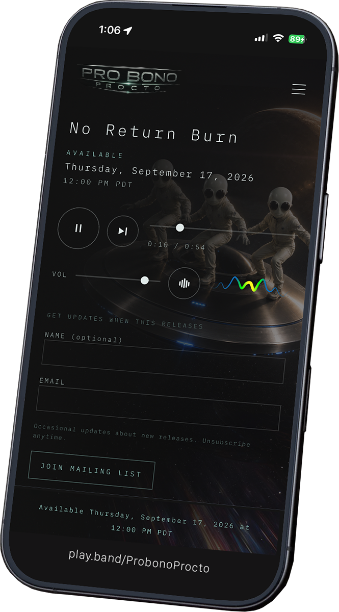 Sample play.band page on a phone, with a track player and mailing list signup